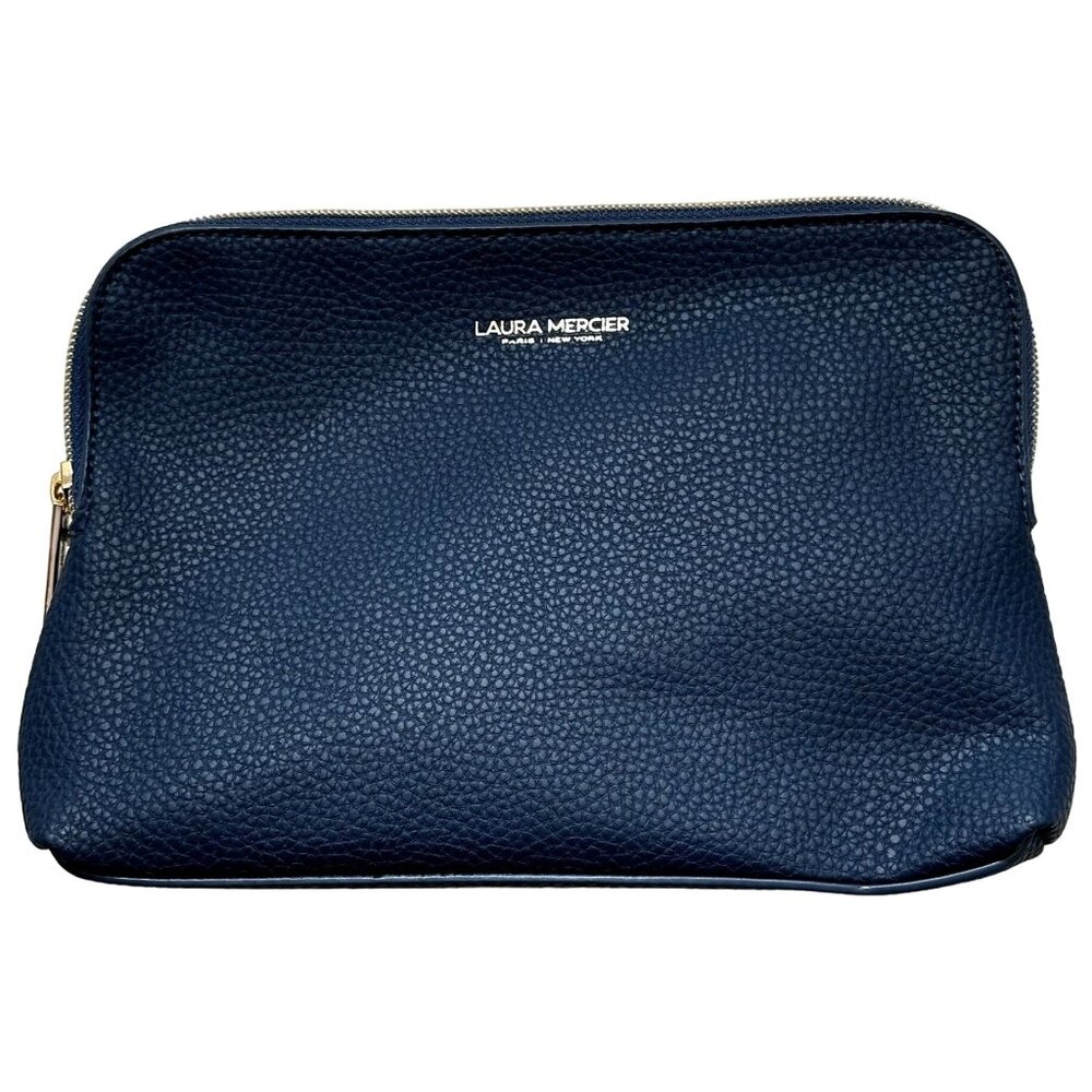 Laura Mercier Cosmetics Bag Makeup Travel Case Leatherette Navy Blue Gold Zipper